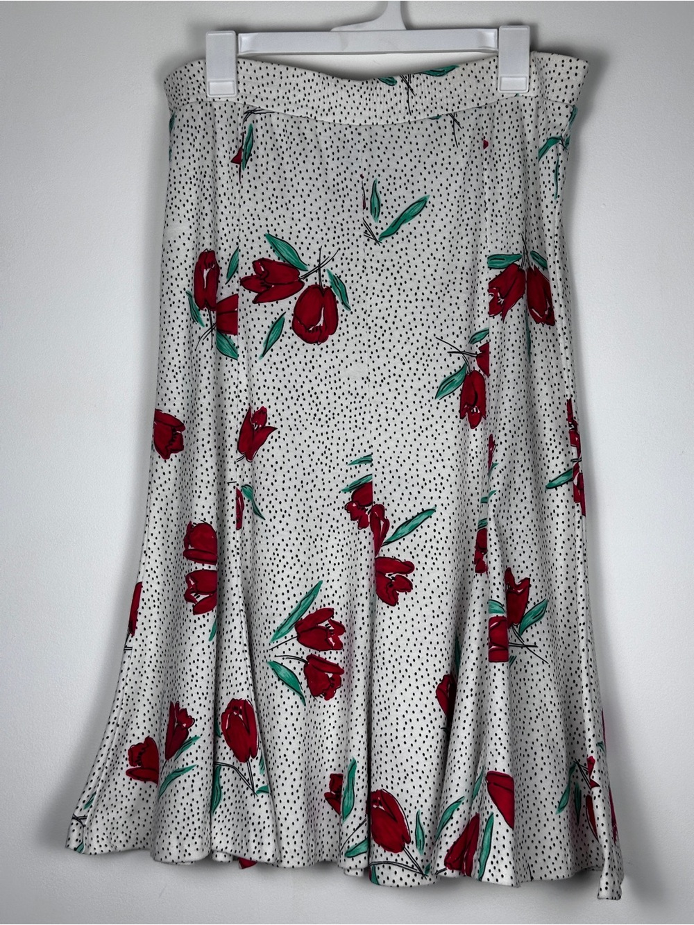 Vintage 80s 90s Floral Polka Dot Midi Skirt M Made in USA Red Tulip Print